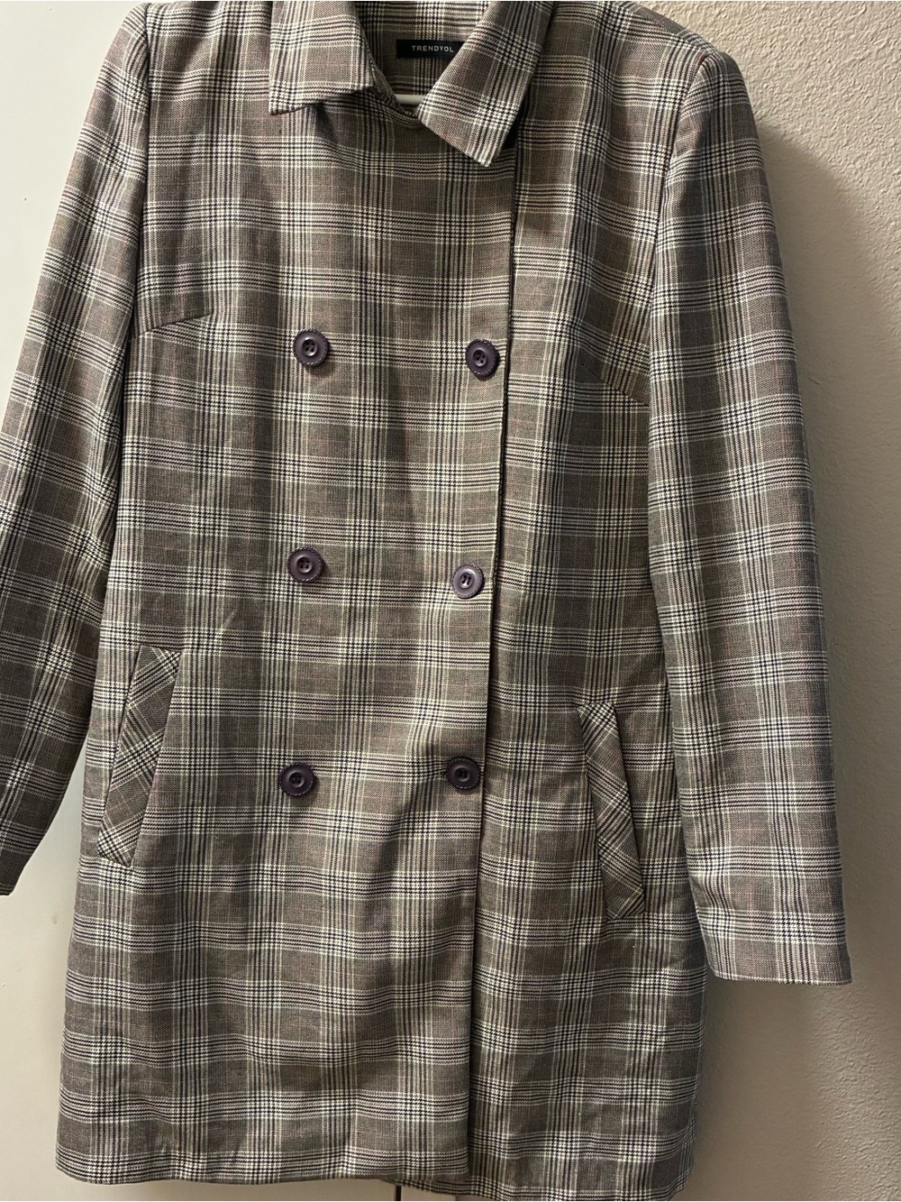 Trendyol Women’s Plaid Double-Breasted Pea Coat in Gray and Brown Size 38